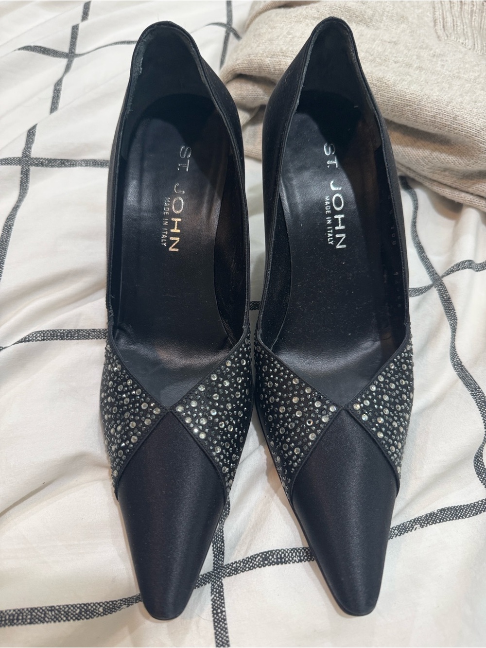 St. John Black Satin Pointed Toe Crystal-Embellished Heels